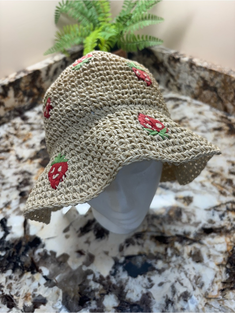 🍓 Straw Knit Bucket Hat with Red Strawberry Embroidery  🍓